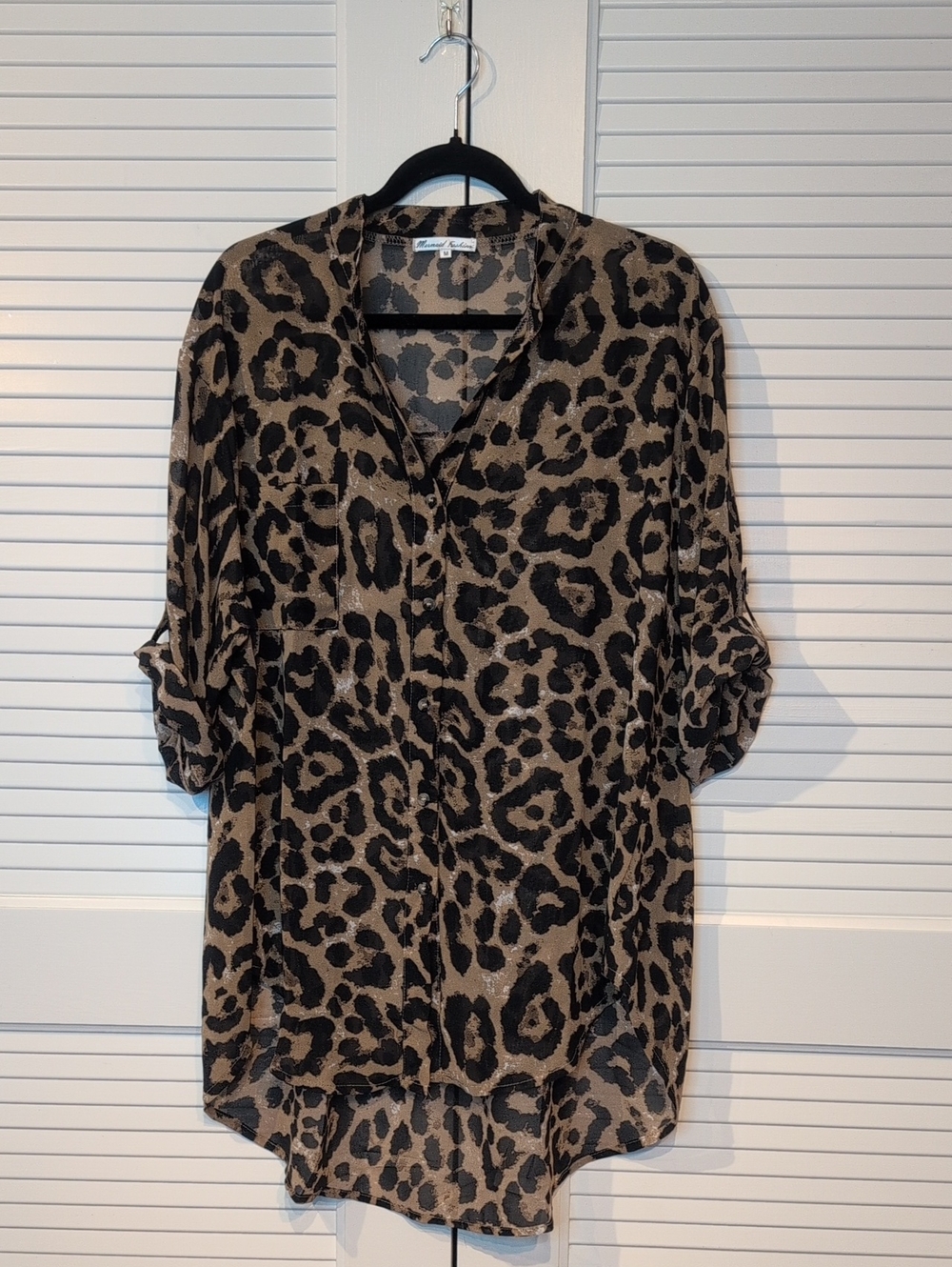Leopard-Print Button-Down Sheer Blouse - Brown/Black Size M - Picture 2 of 7